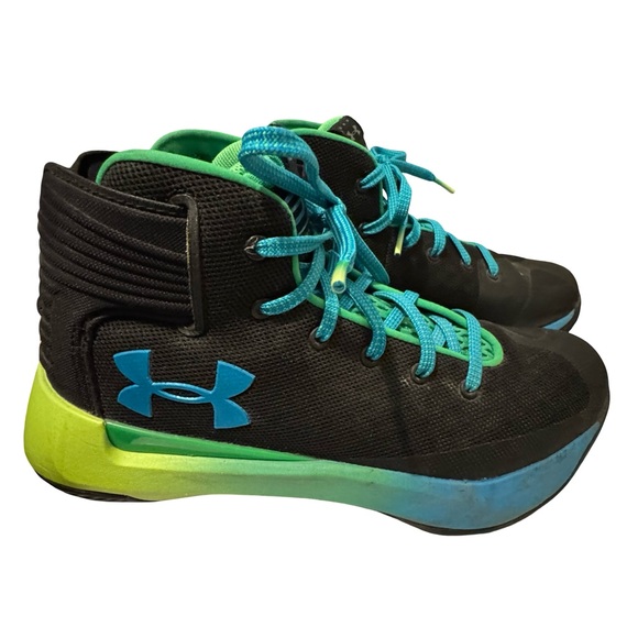Under Armour Other - Under Armour Kids Black and Blue/Green High-Top Basketball Shoes